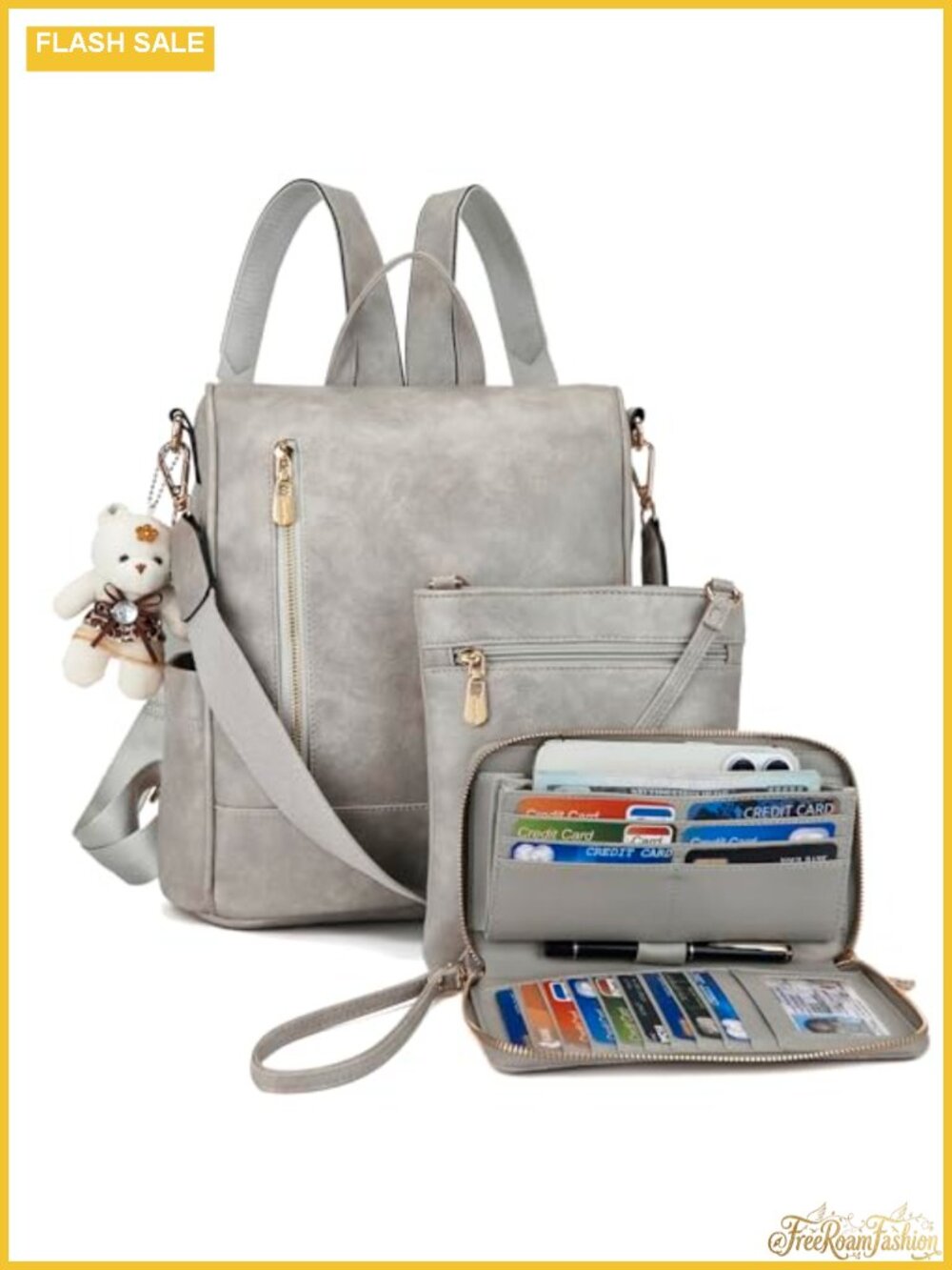 3pc Faux Leather Anti-Theft Backpack Set with Crossbody Bag & Wallet, Vegan